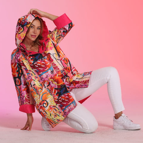 Oopéra Ladies' Reversible Rain Coat Fuchsia graffiti  J6239RW-3