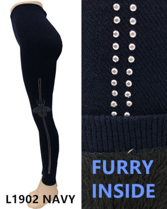 Lida Women's Winter Furry Lined Leggings Navy One Size - L and L Stuff