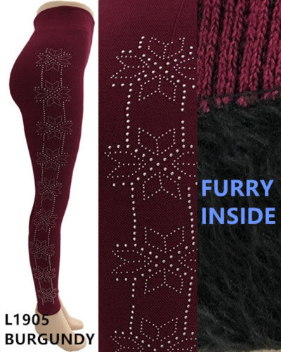 Lida Women's Winter Furry Lined Leggings Burgundy One Size