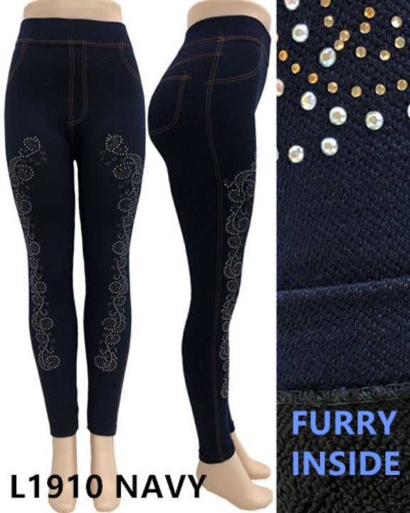 Lida Women's Winter Furry Lined Leggings Navy One Size L1910 - L and L Stuff