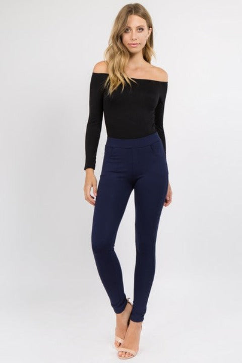 Yelete Women's Four Pocket Ponte Pants Navy Blue - L and L Stuff