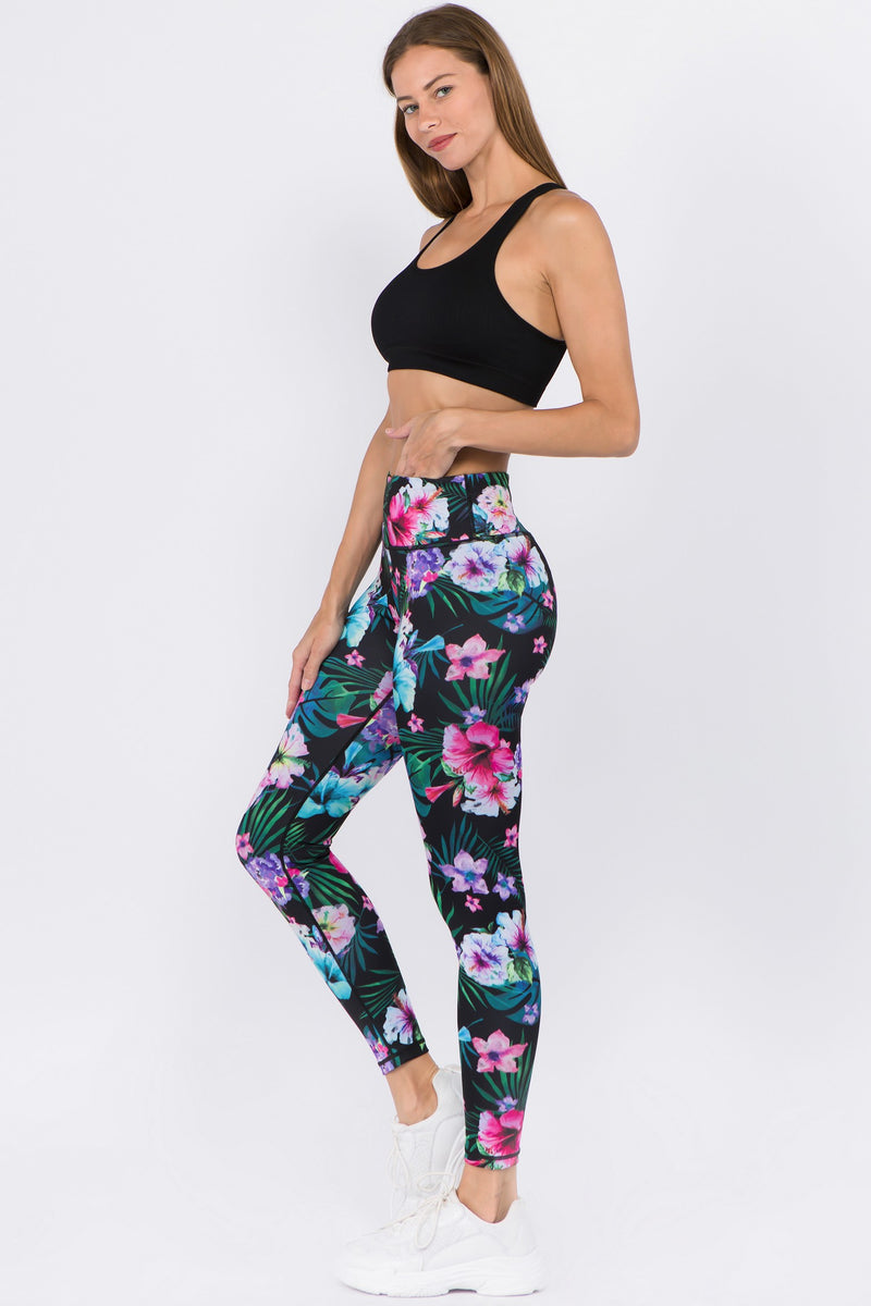 Yelete Women's Active High Rise Tropical Floral Printed Leggings - L and L Stuff