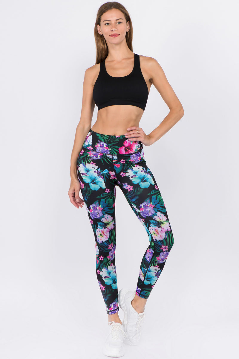 Yelete Women's Active High Rise Tropical Floral Printed Leggings - L and L Stuff