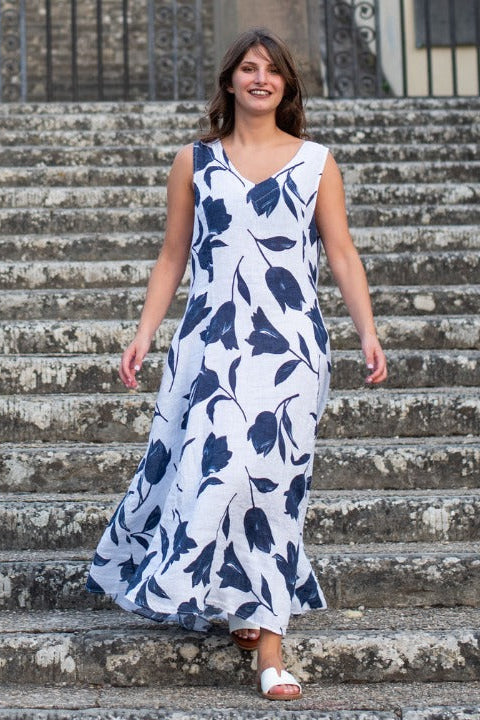 Luca Vanucci Tulips V Neck Linen Dress 1348 S (UK) / Dress White Luca Vanucci Tulips V Neck Linen Dress 1348 S (UK) / Dress White