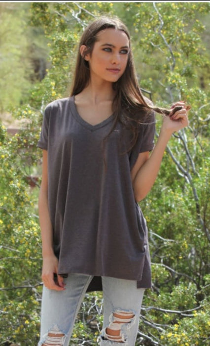 Angie Ladies Oversized V-Neck Knit Tee S / Charcoal Tops & Blouses