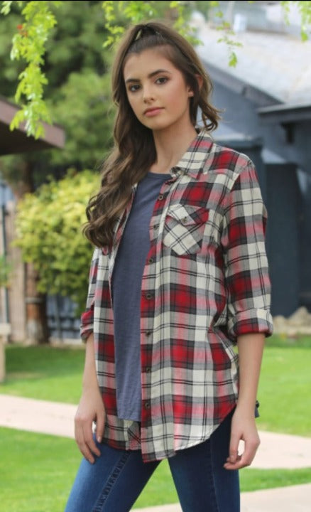 Angie Long Sleeve Plaid Button Up Top Tops & Blouses