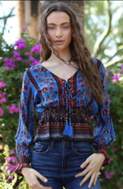 Angie Womens Lace Up Printed Long Sleeve Top Tops & Blouses