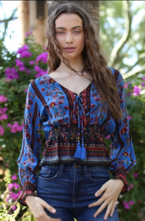 Angie Womens Lace Up Printed Long Sleeve Top Tops & Blouses