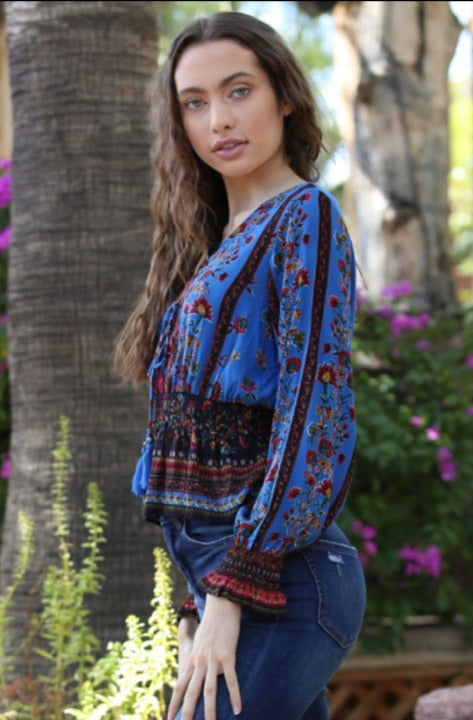 Angie Womens Lace Up Printed Long Sleeve Top S Tops & Blouses