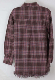 Angie Womens Plaid Flannel With Fringed Hem Tops & Blouses