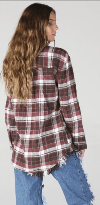 Angie Womens Plaid Flannel With Fringed Hem Tops & Blouses
