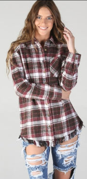 Angie Womens Plaid Flannel With Fringed Hem Tops & Blouses