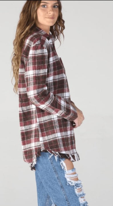 Angie Womens Plaid Flannel With Fringed Hem Tops & Blouses