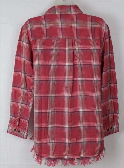 Angie Womens Plaid Flannel With Fringed Hem Tops & Blouses