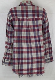 Angie Womens Plaid Flannel With Fringed Hem Tops & Blouses