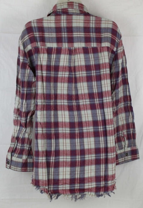Angie Womens Plaid Flannel With Fringed Hem Tops & Blouses