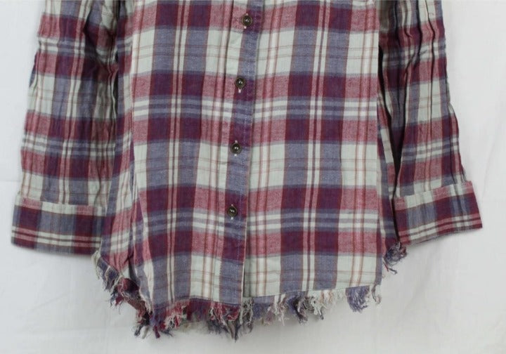 Angie Womens Plaid Flannel With Fringed Hem Tops & Blouses