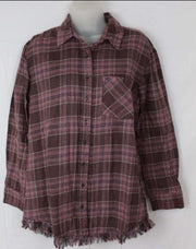 Angie Womens Plaid Flannel With Fringed Hem S / Purple Tops & Blouses
