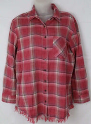 Angie Womens Plaid Flannel With Fringed Hem S / Red Tops & Blouses