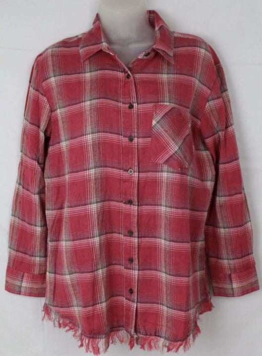 Angie Womens Plaid Flannel With Fringed Hem S / Red Tops & Blouses