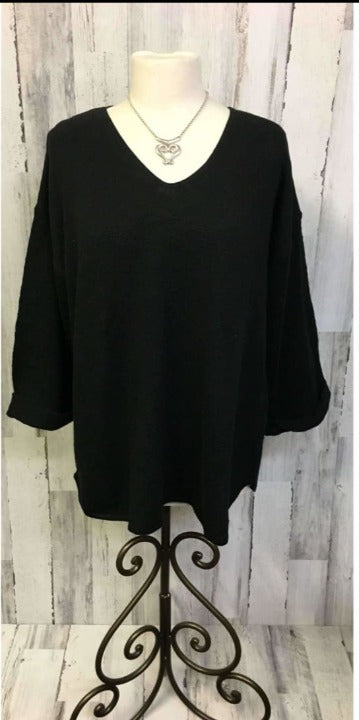 Avalin Womens V-Neck Oversized Tunic Slub Cotton Sweater #9079 Made In U.s.a. Black Sweaters