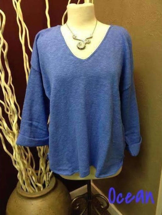 Avalin Womens V-Neck Oversized Tunic Slub Cotton Sweater #9079 Made In U.s.a. Ocean Sweaters