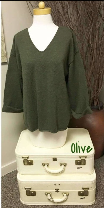 Avalin Womens V-Neck Oversized Tunic Slub Cotton Sweater #9079 Made In U.s.a. Olive Sweaters