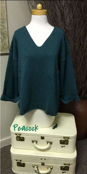 Avalin Womens V-Neck Oversized Tunic Slub Cotton Sweater #9079 Made In U.s.a. Peacock(Dark Green) Sweaters