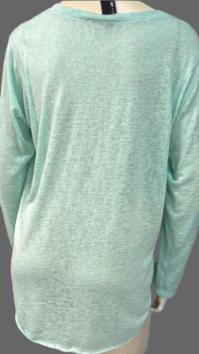 Nally & Millie Ladies' Dusty Aqua Long Sleeve V-Neck With A High-Low Rounded Hem Tunic - L and L Stuff