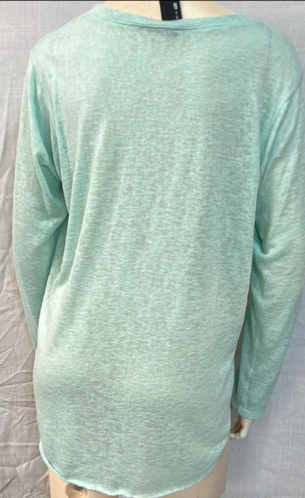 Nally & Millie Ladies' Dusty Aqua Long Sleeve V-Neck With A High-Low Rounded Hem Tunic - L and L Stuff
