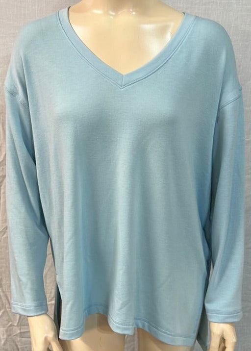 Nally & Millie Ladies' Light Blue French Terry V-Neck Top - L and L Stuff