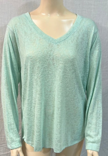 Nally & Millie Ladies' Dusty Aqua Long Sleeve V-Neck With A High-Low Rounded Hem Tunic - L and L Stuff