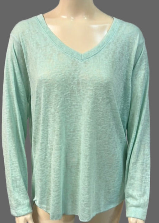 Nally & Millie Ladies' Dusty Aqua Long Sleeve V-Neck With A High-Low Rounded Hem Tunic - L and L Stuff