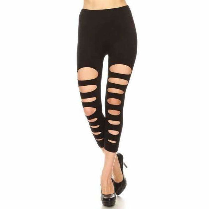 L and L Stuff - Yelete Ladies' Black Ripped Skinny Capri Leggings