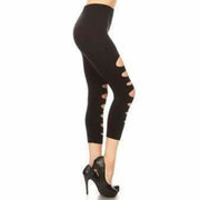 Yelete Ladies Black Ripped Skinny Capri Leggings Leggings